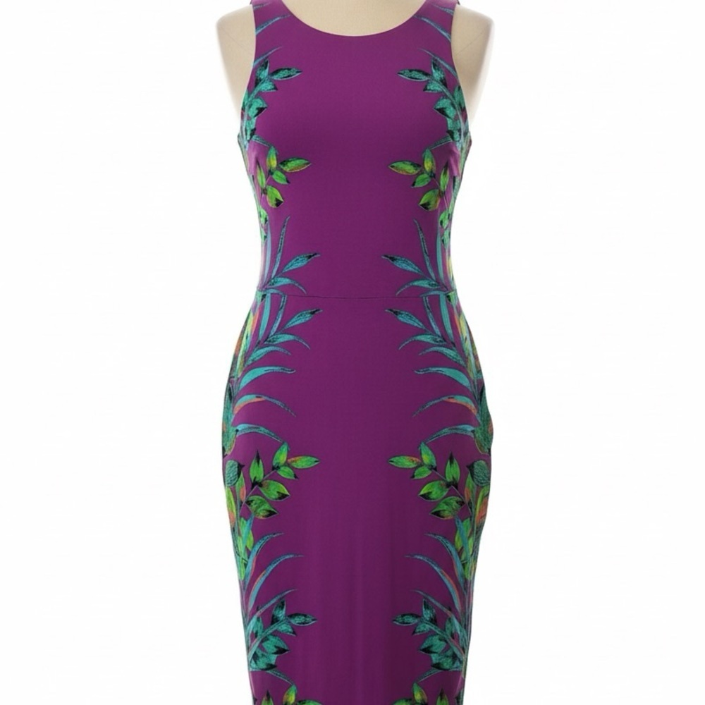 515 Nicole Miller | NWOT Magenta Tropical Leaf Print Sheath Midi Dress (Sz S) - Picture 3 of 17